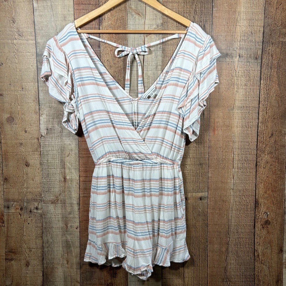 American Eagle Small Striped Romper Ruffle Sleeve Tie Back Jumper V-Neck S